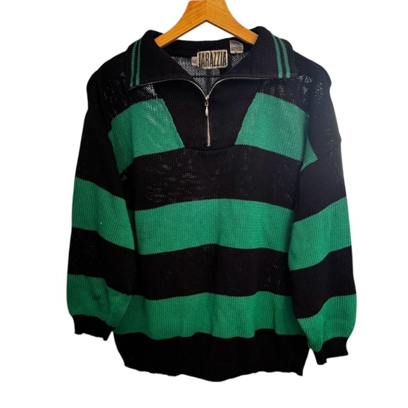 Vintage Tarazzia Forest Green Polo Stripped 1/4 Zip Women’s Chunky Sweater Sz L - Picture 1 of 9